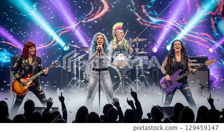 Girl band performing on stage 129459147