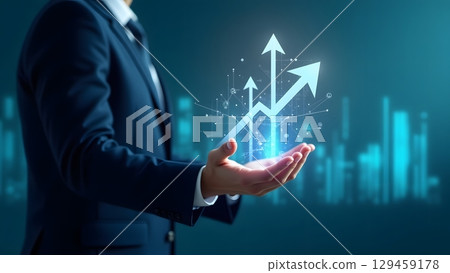 Hyper-realistic image of a businessman with growth symbols and digital elements 129459178