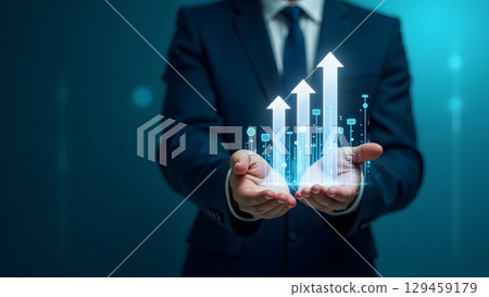 Hyper-realistic image of a businessman with growth symbols and digital elements Hyper-realistic image of a businessman with growth symbols and digital elements 129459179