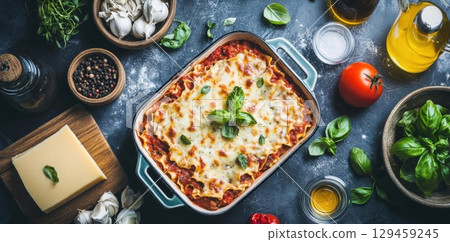 Lasagna Baked and Served With Ingredients Like Basil, Tomato, Cheese, Garlic and Olive Oil 129459245