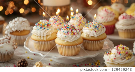 Enjoy Delicious Cupcakes with Sprinkles and Candles in Holiday Celebration Concept. 129459248