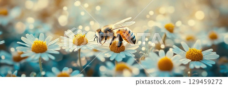 Bee Collects Nectar on Daisies in Summer Bloom, Floral Abundance 129459272