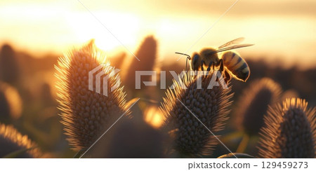 Bee collects pollen on flower at sunset and summer theme Bee collects pollen on flower at sunset and summer theme 129459273