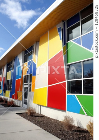 Building's Artistic Facade features Vibrant Colors and Geometric Design with Abstract Style 129459328
