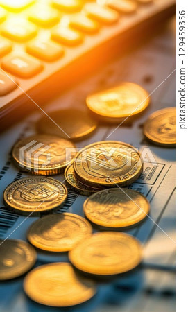 Calculate finances with coins on document and calculator for financial planning 129459356