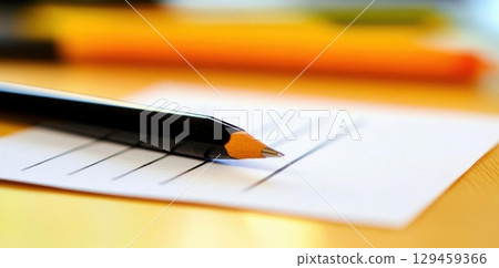Pencil Write on Paper With Stationery Supplies on Top for a New Concept Pencil Write on Paper With Stationery Supplies on Top for a New Concept 129459366