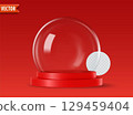 Empty 3d glass snow globes isolated on red background with space for custom designs Vector snow ball 129459404
