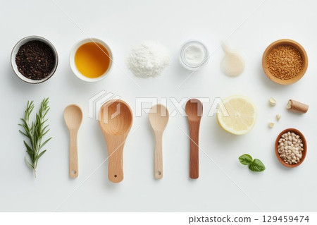 Prepare Natural Ingredients With Wooden Utensils For a Wellness Concept on White 129459474