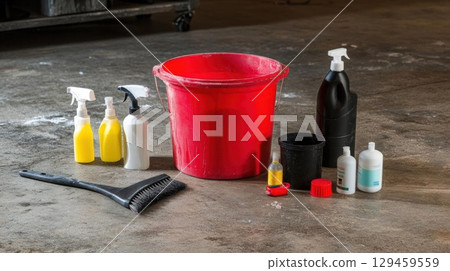 cleaning bottles and red bucket on the floor with a black sweep brush 129459559