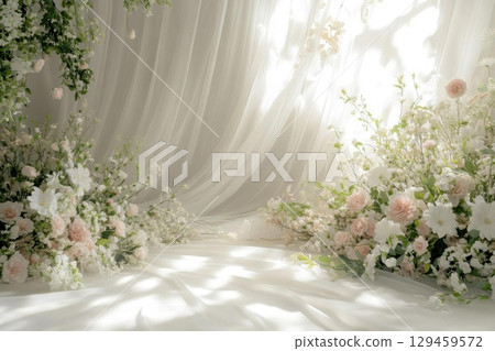 Enchanting Floral cascade on silken fabric for serene ambiance and Delicate Decor 129459572