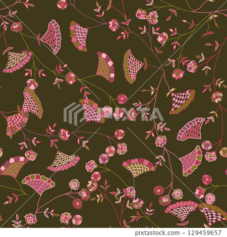 monochrome textile design solid abstract bright hibiscus flowers with stalk leaves, all over seamless pattern digital image. Vector illustration 129459657
