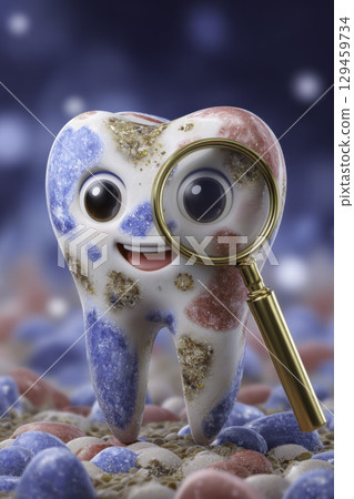Funny cartoon tooth with red and blue stains, big eyes, and a magnifying glass, highlighting dental care, hygiene, and educational themes with vivid style Funny cartoon tooth with red and blue stains, big eyes, and a magnifying glass, highlighting dental care, hygiene, and educational themes with vivid style 129459734