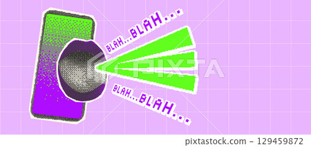 Bloggers or podcast halftone and pixel stickers background template. Phone with speaking or screaming human mouth. Media collage with pixel art and magazine cutouts. Vector y2k illustration 129459872