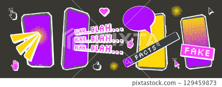 Fake news halftone and pixel arts elements. Smartphones screens with cursors. Collage with pixel art and magazine cutouts. Retro icons collection. Vector stickers isolated on dark background Fake news halftone and pixel arts elements. Smartphones screens with cursors. Collage with pixel art and magazine cutouts. Retro icons collection. Vector stickers isolated on dark background 129459873