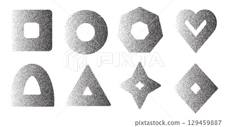 Grain gradient geometric shapes with hole set. Grainy noise textured black y2k frame elements. Arch, rectangle, triangle and circle dotwork badges. Vector gritty stickers. Grunge geometry figures 129459887