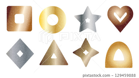 Metal colors geometric shapes set. Grainy noise textured frame elements. Triangle, square and heart silver and golden icons. Vector grunge stickers. Bronze and gold colors collage figures with hole Metal colors geometric shapes set. Grainy noise textured frame elements. Triangle, square and heart silver and golden icons. Vector grunge stickers. Bronze and gold colors collage figures with hole 129459888