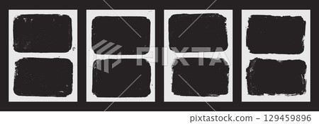 Photo grunge white frames set template. Ink paint edges punk border for flyer and banner. Retro textured overlays. Rectangular old double white backgrounds. Vector design illustration 129459896