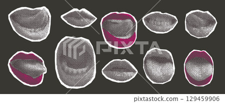 Halftone mouths collage set. Cutout face parts for mixed media design. Pieces of newspaper or magazine lips, scream, laugh elements. Vector retro illustration isolated on dark background 129459906
