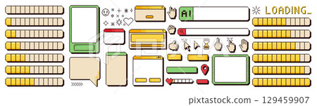 Pixel art retro windows interfaces set . 8 bit frames and icons. 90s text boxes and internet design elements. Vintage loading bar, search and phone border with cursors collection. Vector illustration 129459907