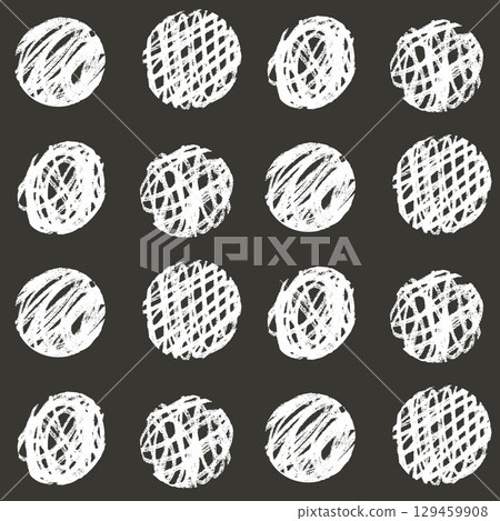 Seamless pattern with chalk knitting balls polka dots. Scribbles monochrome endless background. Black and white dot repeat cover. Circles continuous ornament. Vector hand drawn brush illustration 129459908