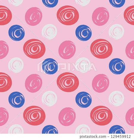 Polka dots pink colors seamless pattern. Crayon kids endless background. Naive simple dot ornament repeat cover. Round geometric continuous ornament. Vector hand drawn illustration Polka dots pink colors seamless pattern. Crayon kids endless background. Naive simple dot ornament repeat cover. Round geometric continuous ornament. Vector hand drawn illustration 129459912