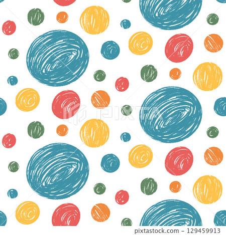Large and small circle spot multi colors seamless pattern. Crayon kids endless background. Naive simple dot repeat cover. Round blue, red and yellow continuous ornament. Vector hand drawn illustration 129459913