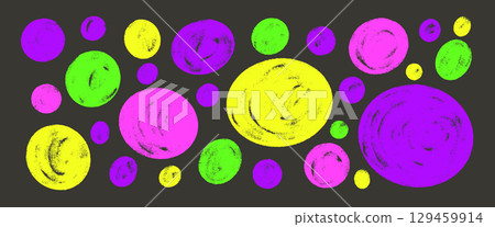 Circle blobs colorful neon callout set. Polka dots marker stencils shapes pack. Vector hand drawn kids ellipse and round note stickers figures collection illustration isolated on black background 129459914