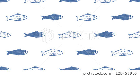 Crayon fish seamless pattern. Sardines hand drawn endless background. Nautical repeat cover. Sea continuous ornament. Surface pattern design water motif. Vector simple illustration 129459916