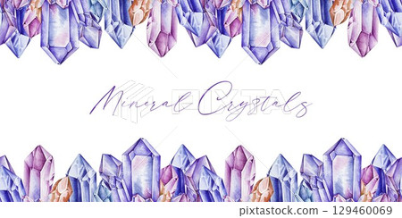 Crystal seamless border decor ornamental element watercolor illustration. Hand drawn vibrant amethyst and violet gemstone vintage style mineral decoration isolated on white background Crystal seamless border decor ornamental element watercolor illustration. Hand drawn vibrant amethyst and violet gemstone vintage style mineral decoration isolated on white background 129460069