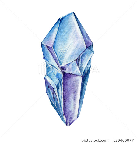 Bright colorful blue crystal mineral stone watercolor illustration. Hand drawn vibrant shiny gemstone mineral element isolated on white background Bright colorful blue crystal mineral stone watercolor illustration. Hand drawn vibrant shiny gemstone mineral element isolated on white background 129460077