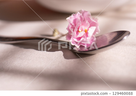 A close-up photograph of a small, delicate pink flower resting on a shiny, silver spoon. A close-up photograph of a small, delicate pink flower resting on a shiny, silver spoon. 129460088