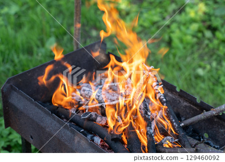 Fire brazier in a rustic metal pot amidst a grassy landscape 129460092