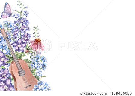 Rectangular frame with guitar and flowers. Isolated watercolor illustration of musical instrument in realistic style for design of invitations, labels, cards and posters. 129460099