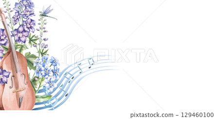 Rectangular frame with double bass in flowers and a musical staff. Isolated watercolor illustration in a realistic style for decorating invitations, product labels, postcards, posters. Rectangular frame with double bass in flowers and a musical staff. Isolated watercolor illustration in a realistic style for decorating invitations, product labels, postcards, posters. 129460100