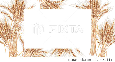 Rectangular frame with ripe wheat ears. Isolated watercolor illustration for interior design, Harvest Festival decoration, printing on kitchen textiles, seasonal menu design. Rectangular frame with ripe wheat ears. Isolated watercolor illustration for interior design, Harvest Festival decoration, printing on kitchen textiles, seasonal menu design. 129460113