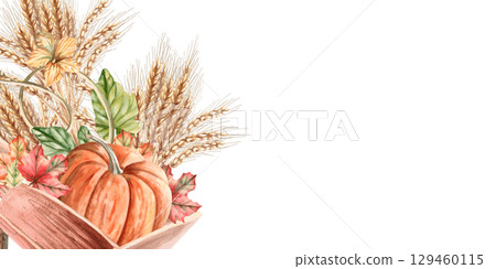 Rectangular frame with harvest in a wooden cart. Isolated watercolor illustration for interior design, Harvest festival decoration, printing on kitchen textiles, seasonal menu design. 129460115