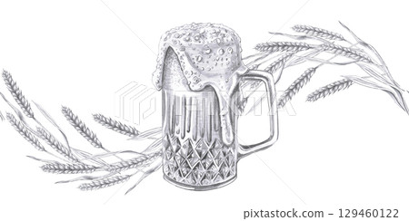 Seamless border with wheat ears and beer. Isolated pencil illustration in realistic style for bar design, wine list, interior design, printing on advertising brochures, labels. Seamless border with wheat ears and beer. Isolated pencil illustration in realistic style for bar design, wine list, interior design, printing on advertising brochures, labels. 129460122