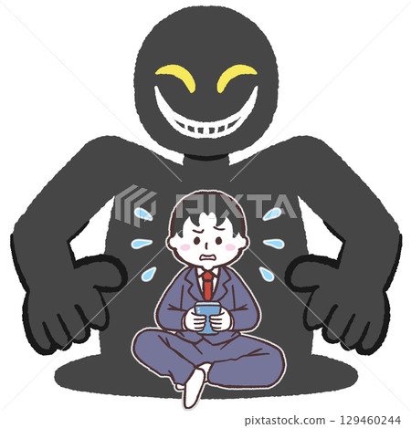 一名拿著智慧型手機的男學生被惡棍嚇壞了的插圖 一名拿著智慧型手機的男學生被惡棍嚇壞了的插圖 129460244