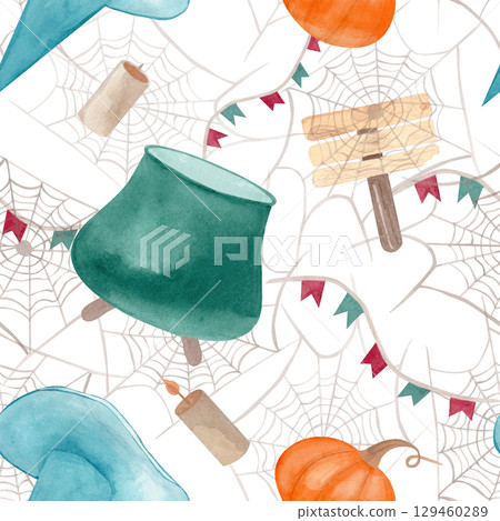 Watercolor seamless Halloween pattern with cauldrons, witch hats, pumpkins, candles, wooden signs, bunting, and spiderwebs. Great for seasonal textiles, party supplies, and spooky-themed packaging Watercolor seamless Halloween pattern with cauldrons, witch hats, pumpkins, candles, wooden signs, bunting, and spiderwebs. Great for seasonal textiles, party supplies, and spooky-themed packaging 129460289