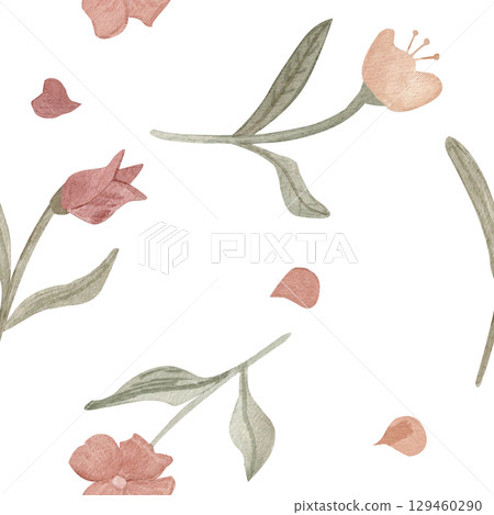 Delicate watercolor seamless pattern with soft pink flowers, green leaves, and petals on a white background. Perfect for spring textiles, stationery, packaging, wallpapers, and feminine design themes. 129460290