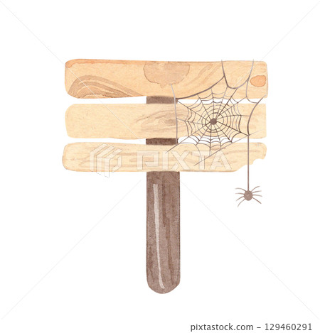 Watercolor hand drawn illustration wooden signpost with spider web. clipart to summer camp, hiking trail. for party decor, event invitations, garden-themed designs, Halloween theme, cards and decor 129460291
