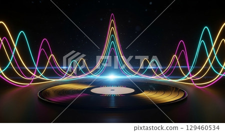 黑暗中閃耀的霓虹波形與黑膠唱片 129460534