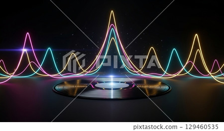 黑暗中閃耀的霓虹波形與黑膠唱片 129460535