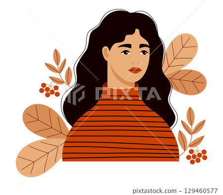 Autumn pretty Woman with Leaves. Female Autumnal Portrait. Vector illustration. Not AI. 129460577