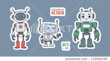 Futuristic Cute Robot Sticker Set. Isolated Technology Assistant Characters, Avatar mascot with cool slogan. Vector illustration. Not AI. Kids collection 129460580