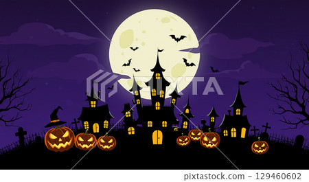Halloween night view of a full moon and haunted house 129460602