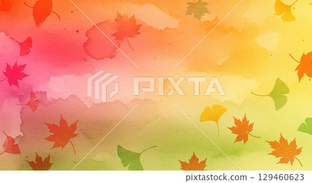 秋天的色彩漸層和落葉和銀杏葉水彩背景 秋天的色彩漸層和落葉和銀杏葉水彩背景 129460623