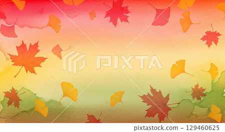 Autumn color gradation and falling autumn leaves and ginkgo leaves watercolor background 129460625