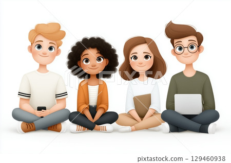 Digital illustration of a diverse group of young people sitting side by side with laptops and tablets 129460938