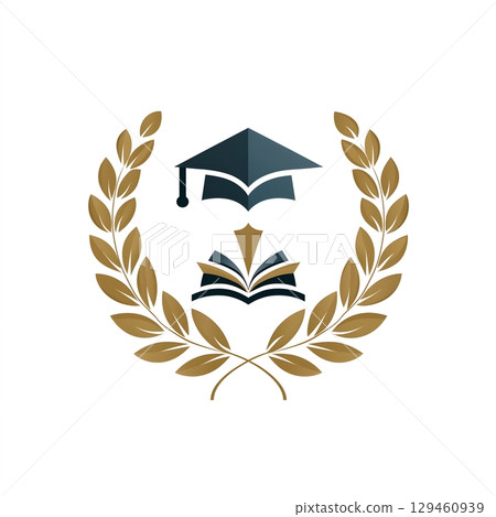 Elegant logo design featuring a graduation cap and an open book encircled by a laurel wreath. 129460939